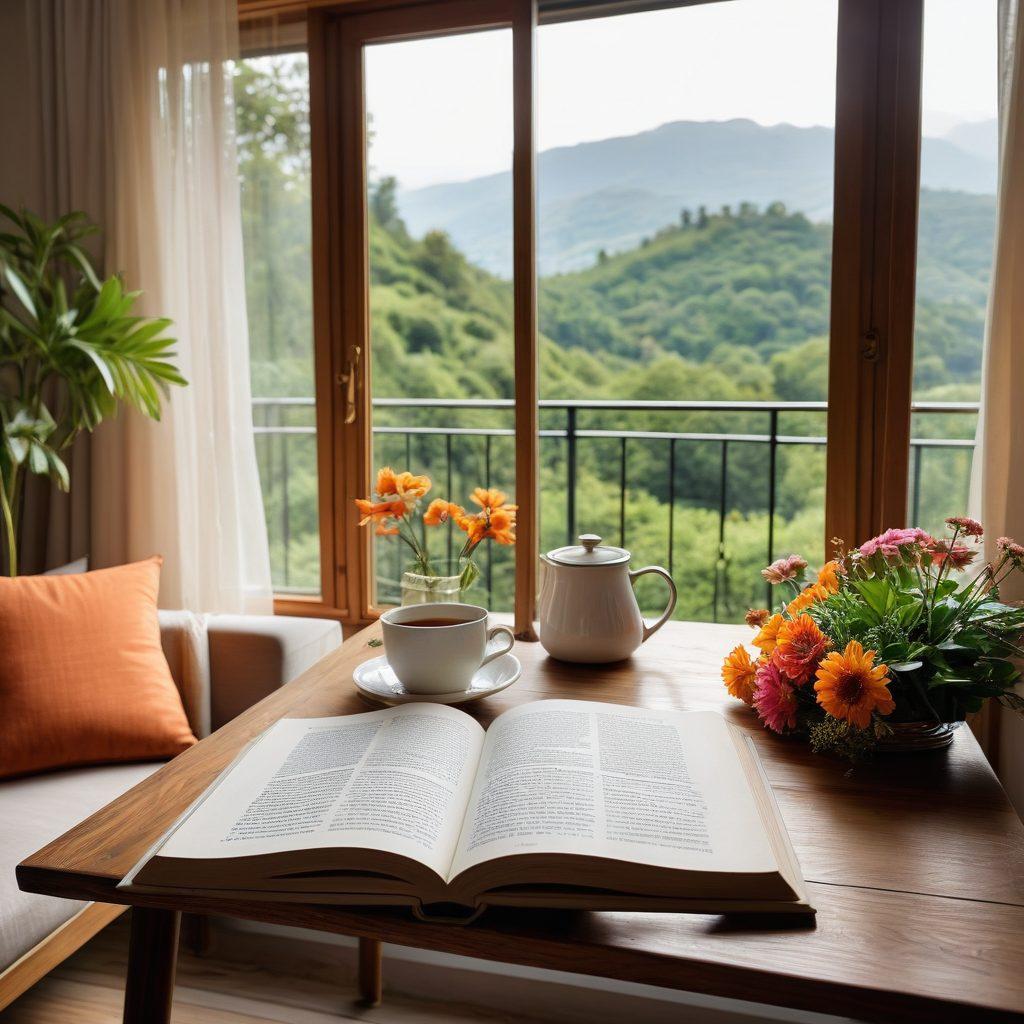A serene and inviting holiday apartment with large windows showcasing a beautiful view of nature. Include cozy furnishings, warm lighting, and a small balcony with fresh flowers. Integrate elements of relaxation, such as a book and a cup of tea on a table. The scene should evoke a sense of comfort and wanderlust, perfect for a getaway. super-realistic. vibrant colors. warm tones.