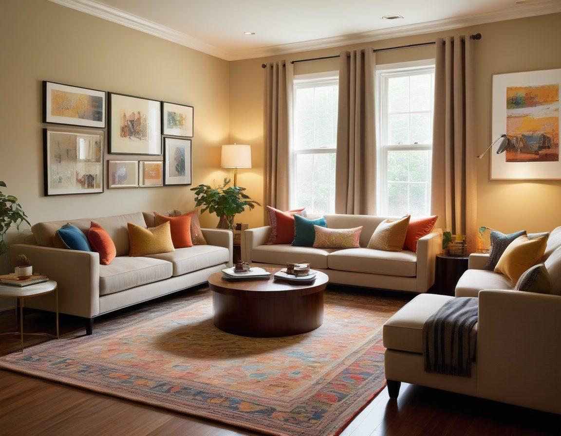 A cozy, inviting living room scene that transitions from a sleek corporate housing style to a warm, family-friendly space. On one side, modern furnishings and a laptop on a stylish desk; on the other, colorful cushions, toys scattered on the floor, and family photos on the wall. Soft lighting creates a welcoming atmosphere. Emphasize comfort and versatility in the design. vibrant colors. super-realistic.
