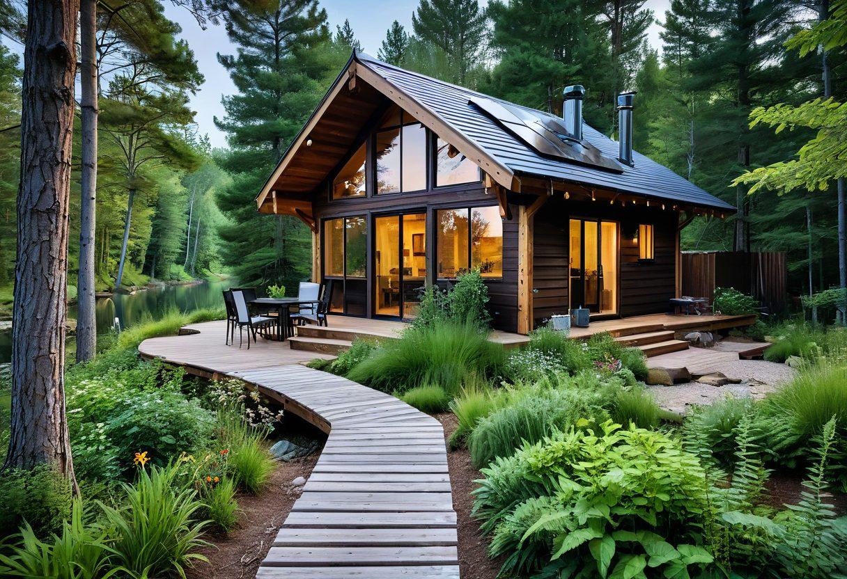 A cozy cabin in a serene forest setting, surrounded by lush trees and a clear blue sky. The cabin features eco-friendly materials, solar panels on the roof, and a small garden with herbs. A warm light glows from the windows, inviting you in, while an outdoor seating area with recycled furniture adds charm. A winding path leads to a nearby lake, hinting at adventure. super-realistic. vibrant colors. peaceful atmosphere.